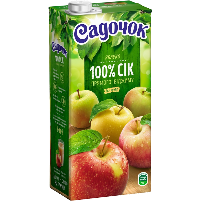 Сік САДОЧОК яблучний прямого віджиму, cтерилізований, пляшка картонна, 0,95л